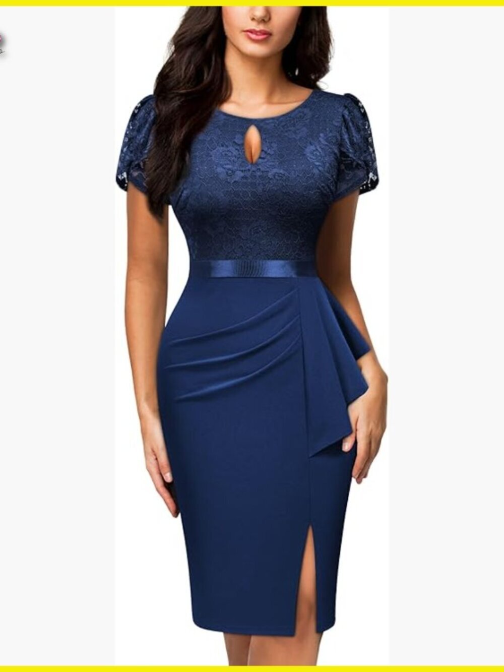 Elegant Scoop Neck Puff Sleeve Floral Lace Cocktail Dress Slim Fit Sheath